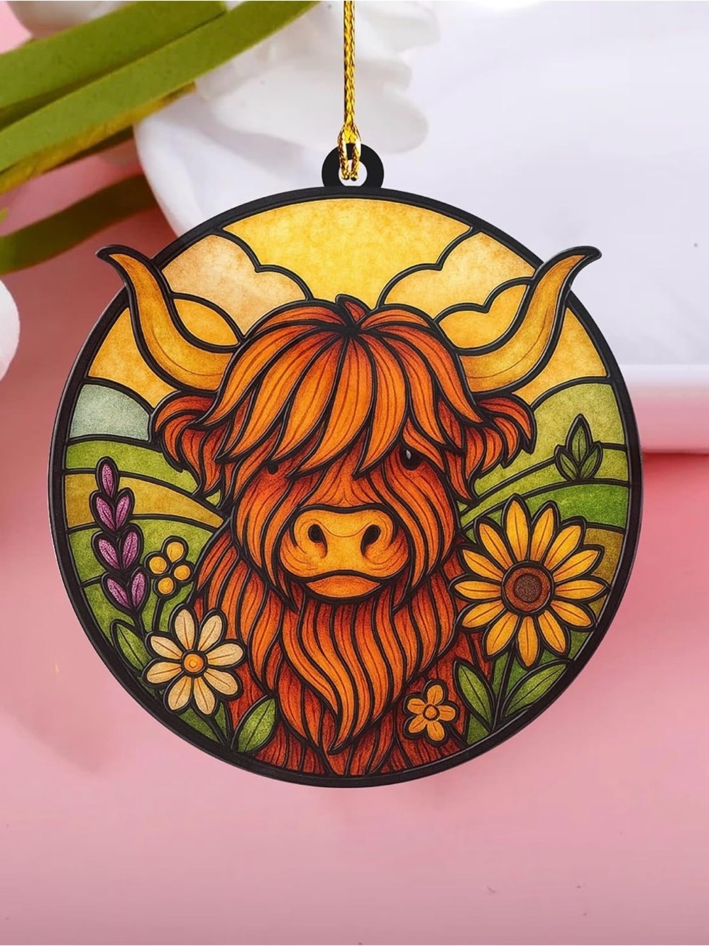 🎇Multi🎇Orange Highland Cow Sunflower Hanging Ornament (2/$10)